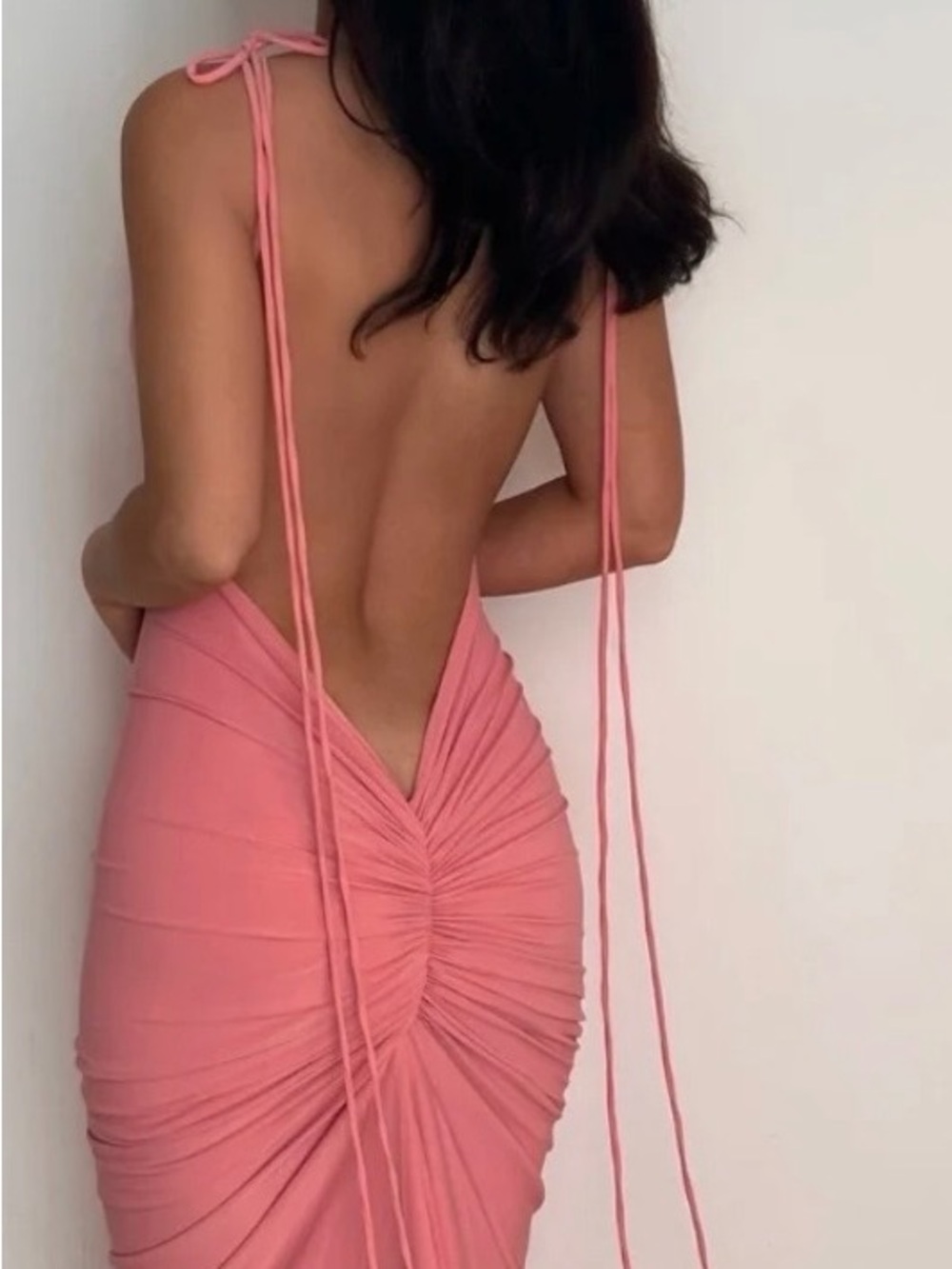 Melani The Label Azari Midi Backless Pink Ruched Tie-Shoulder Dress